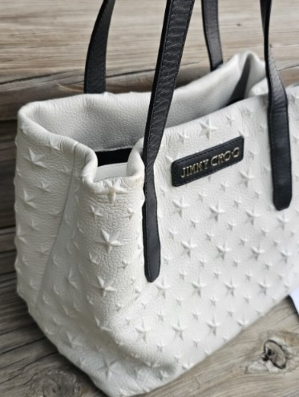 Jimmy Choo Sofia Leather White Star-Embossed Shoulder Tote with Black Handles - Picture 9 of 9